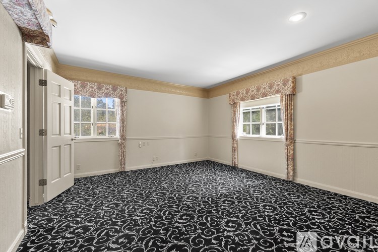 A room with a black and white patterned carpet.