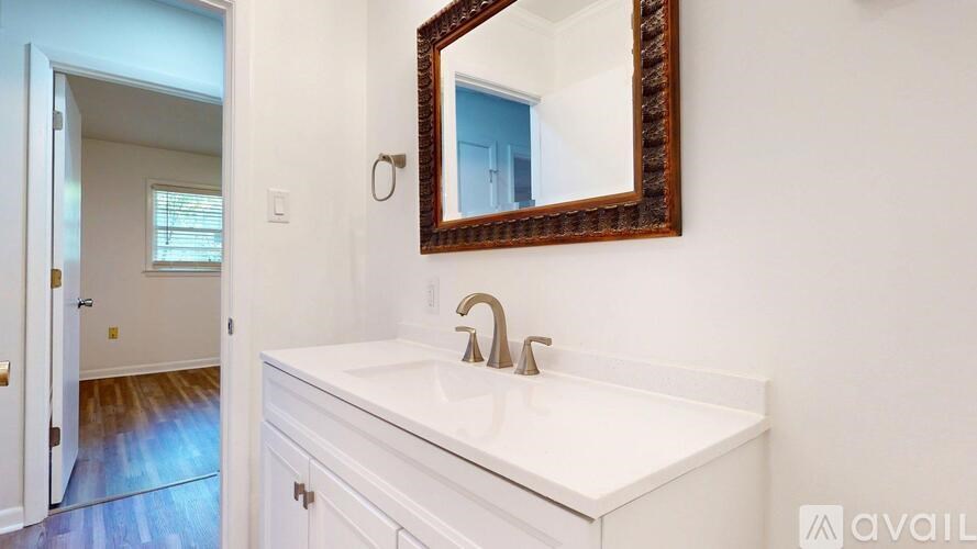 A bathroom with a white sink and a mirror above it.