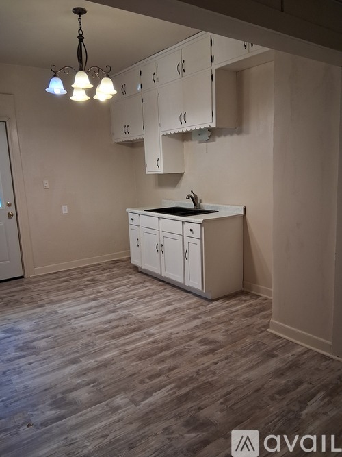 A kitchen area with a sink and cabinets.