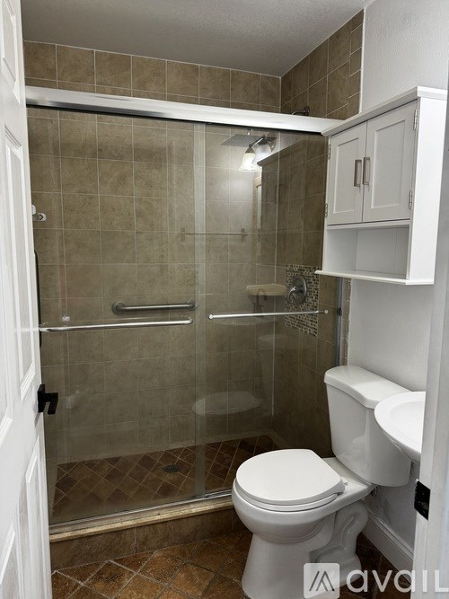 A bathroom with a toilet and a walk in shower.