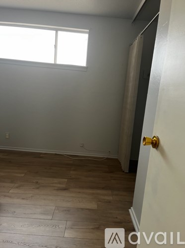 A room with a wooden floor and a white door.