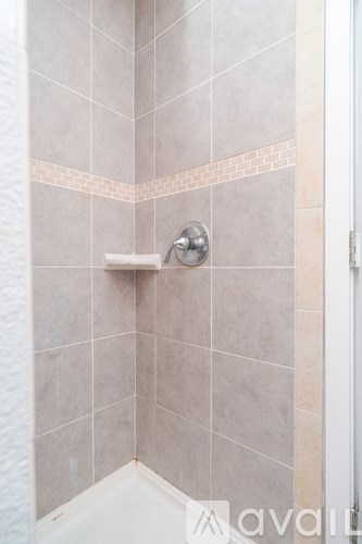A shower area with a shower head and a white door.