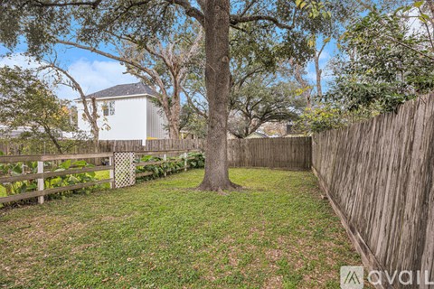 A backyard with a fence, a tree, and a house in the background.
