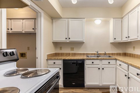 A kitchen with white cabinets and a black dishwasher.