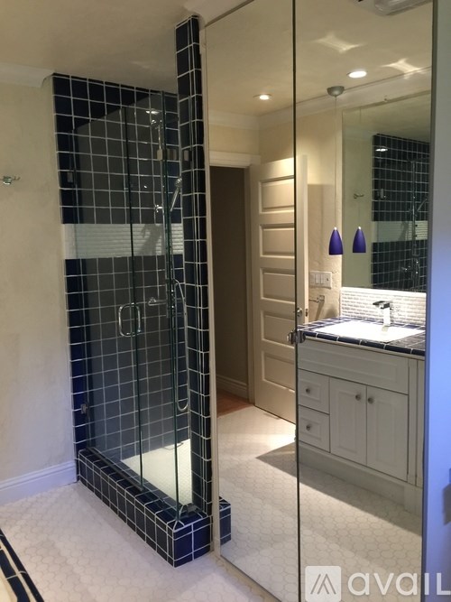 A bathroom with a walk-in shower and a sink.