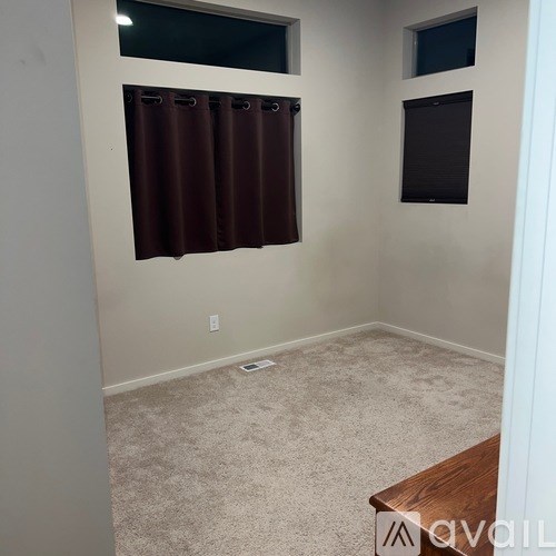 A room with a brown curtain and a carpet.
