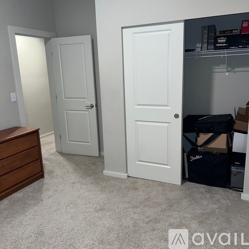 A room with two white doors, one of which is open, a carpeted floor, and a wooden dresser.