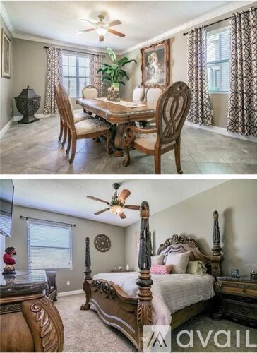 A bedroom with a bed, dresser, and a dining area with a table and chairs.