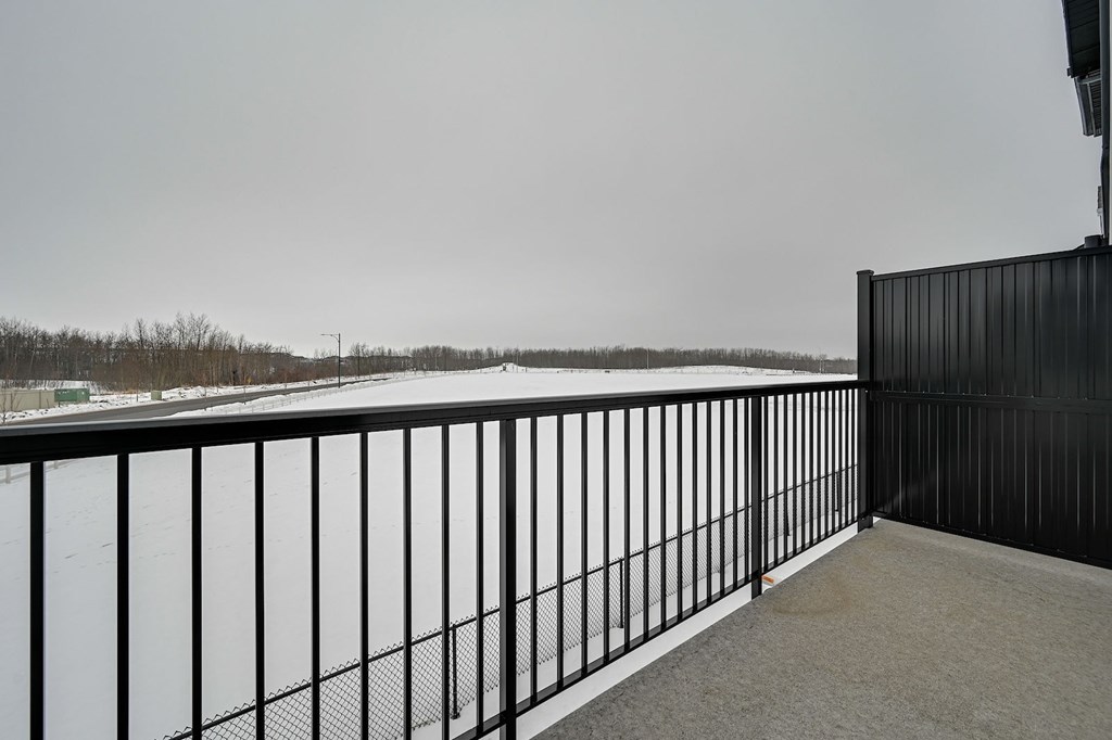 A black metal fence overlooks a snowy landscape.