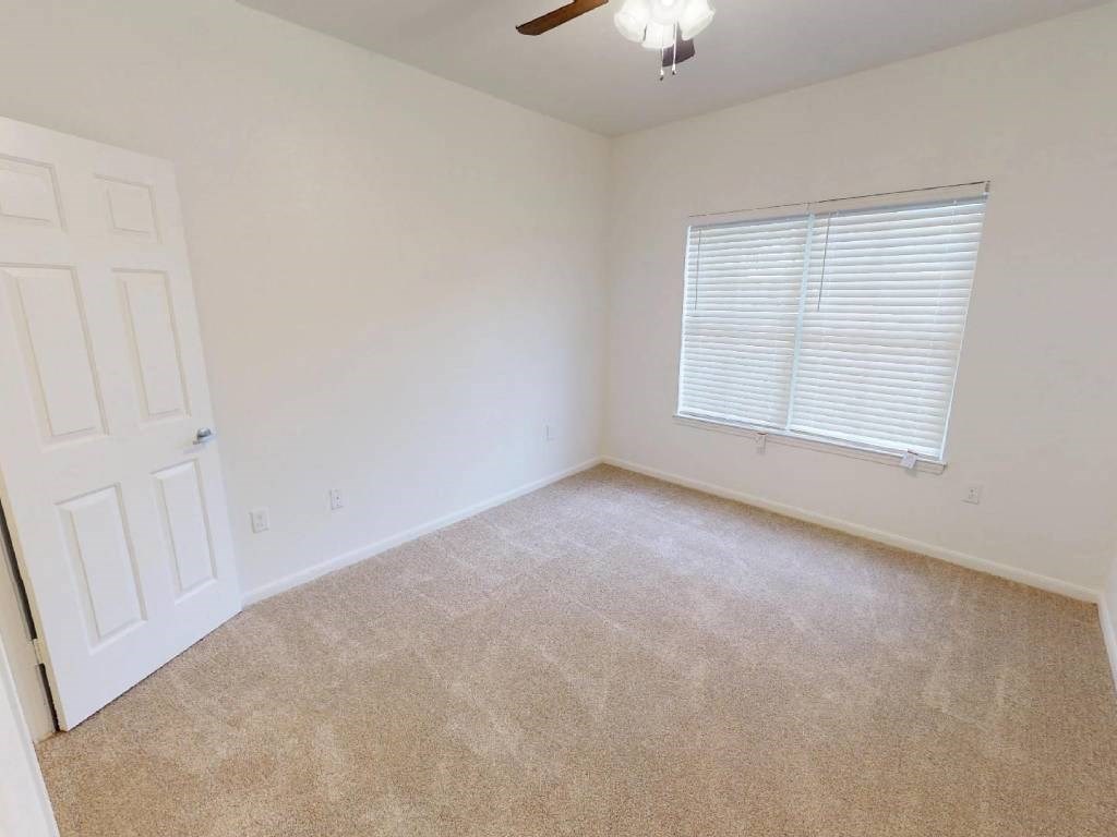 A room with a carpeted floor, a ceiling fan, and a window with blinds.