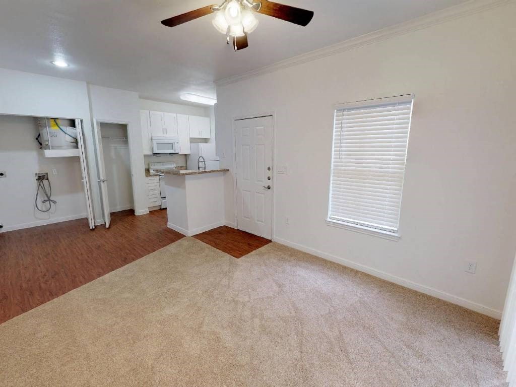 A room with a ceiling fan and a window with blinds.