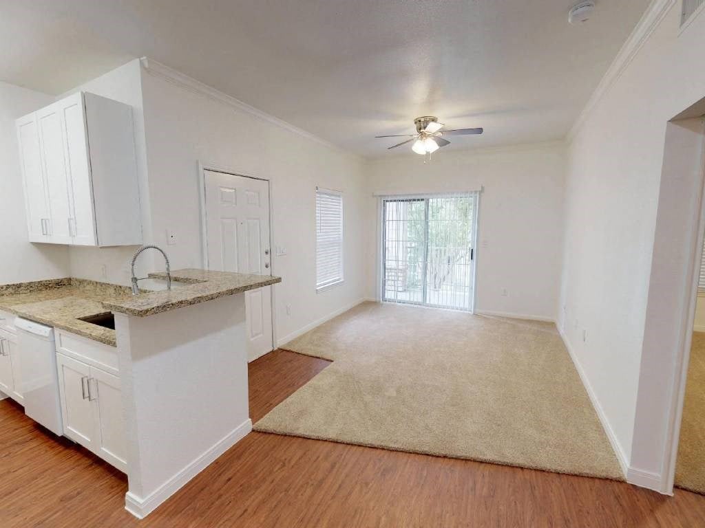 A kitchen with white cabinets and a granite countertop.
