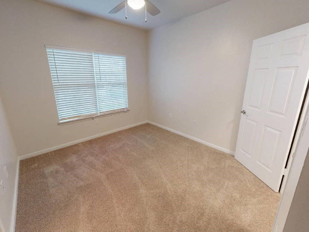 A room with a carpeted floor, a window with blinds, and a closed white door.