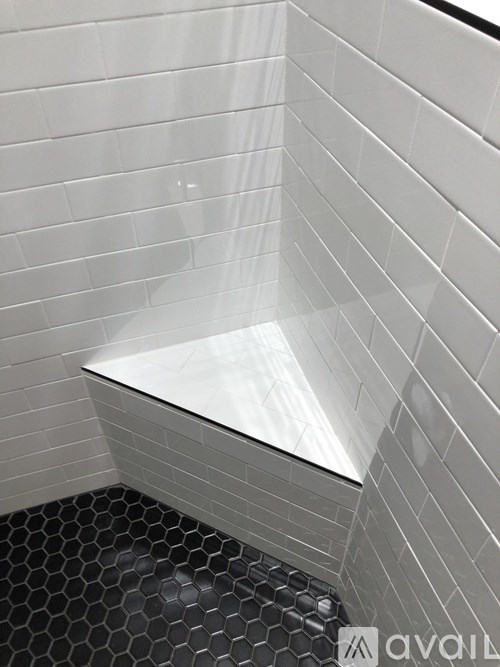 A white tiled shower with a black hexagonal tile floor.