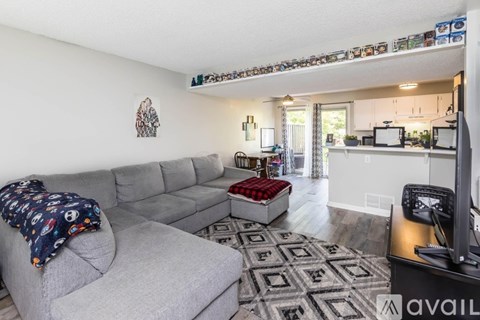 A living room with a grey couch and a television.
