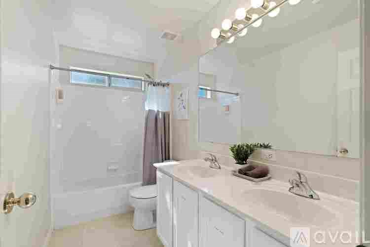 A bathroom with a white vanity and a shower with a purple curtain.