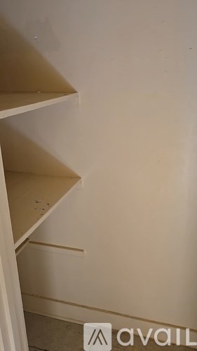 Empty shelves in a room with a sign that says 'available'.