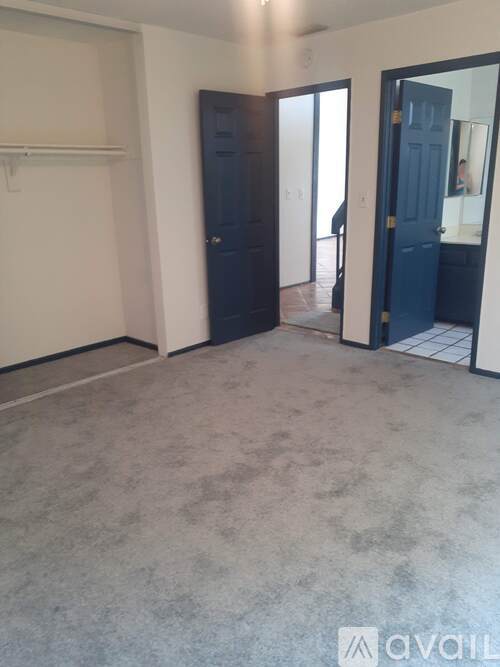 A room with a dark blue door and a white wall.