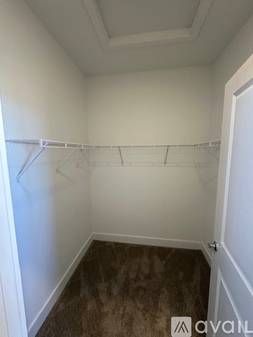 A white closet with a carpeted floor and a white door.