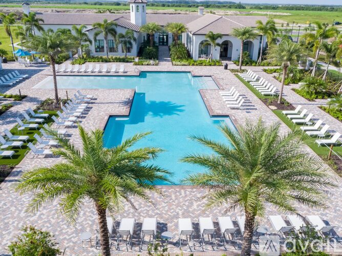 A large swimming pool surrounded by palm trees and lounge chairs.