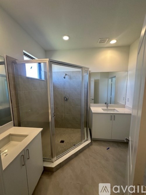 A bathroom with a walk-in shower and a sink.