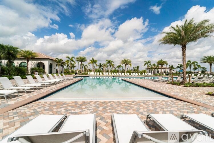 A pool surrounded by palm trees and lounge chairs.