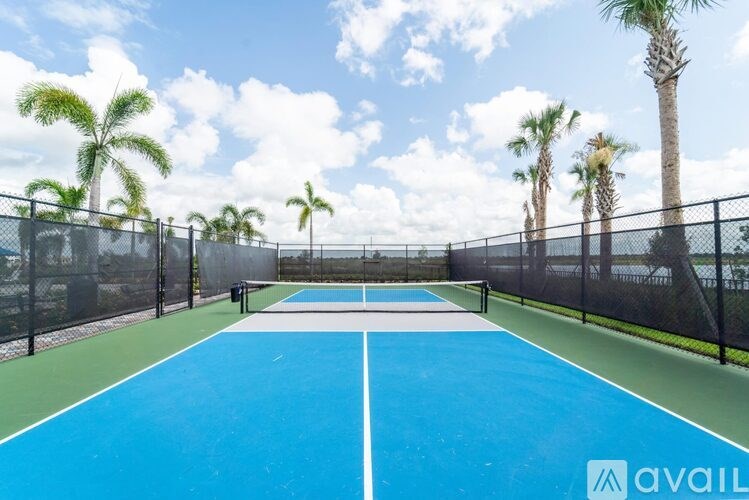 A tennis court surrounded by a fence with palm trees in the background.