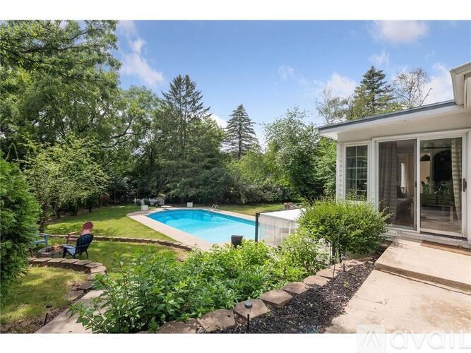 A backyard with a pool and a house.