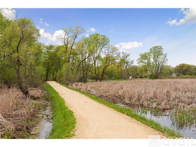 A dirt path runs through a grassy area with a body of water on the right and trees on the left.