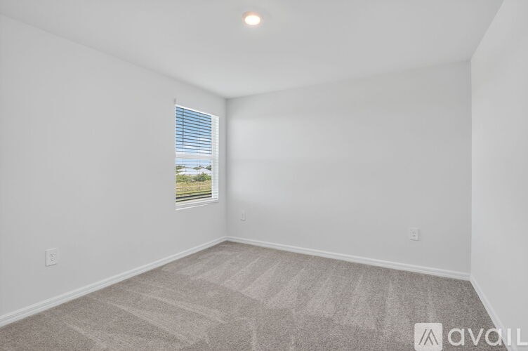 A room with a carpeted floor and a window with blinds.