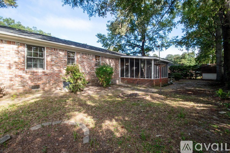 A backyard with a house and a tree.