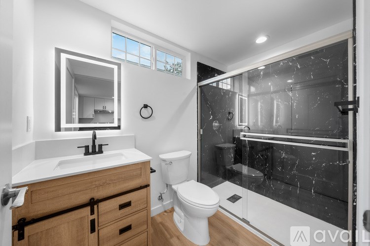 A modern bathroom with a walk-in shower and a toilet.