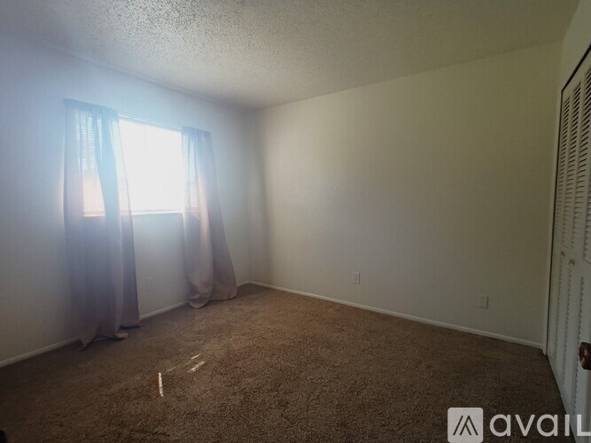 A room with carpeted floor, a window with curtains, and a door.