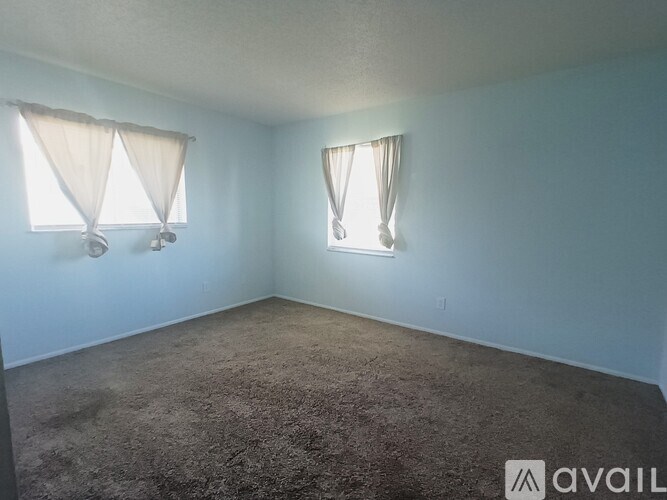 A room with carpeted floor and two windows with curtains.