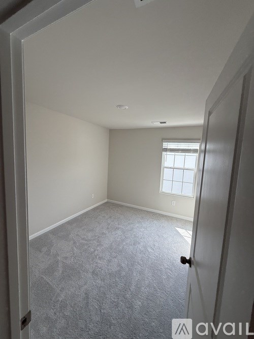 A room with a carpeted floor and a window.