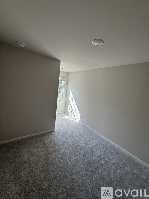A room with a carpeted floor and a window letting in light.