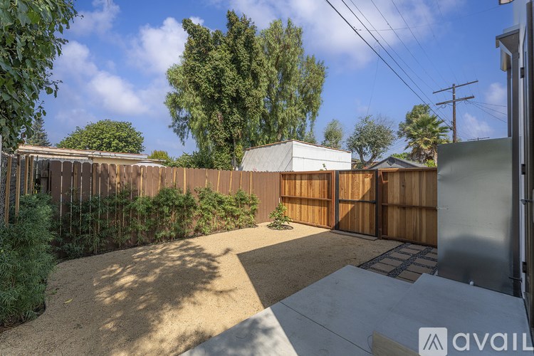 A backyard with a wooden fence and a small tree.
