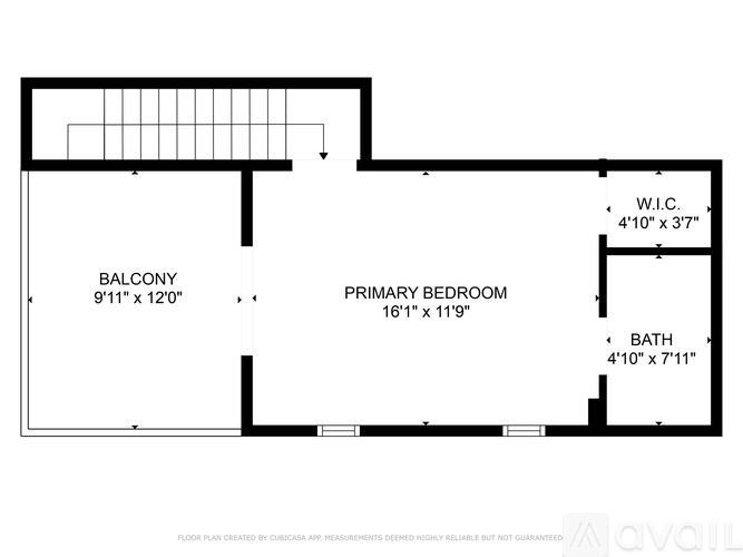 A floor plan for a home with a balcony, primary bedroom, and bathroom.