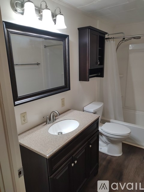 A bathroom with a sink, toilet, and mirror.