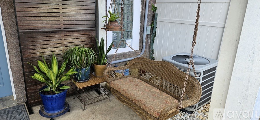 A blue pot with a green plant sits on a patio next to a wicker swing.