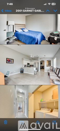 A series of images showing a bedroom, living room, and hallway of a 2001 Garnet Gable apartment.