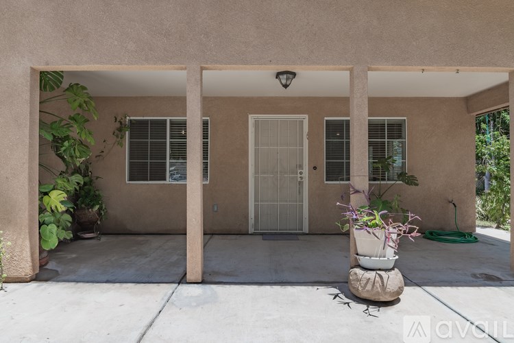 A house with a white door and windows, a lamp on the wall, and a potted plant on the porch.