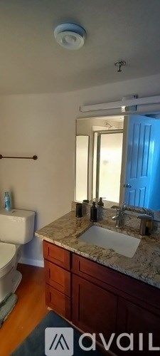 A bathroom with a sink, mirror, and toilet.