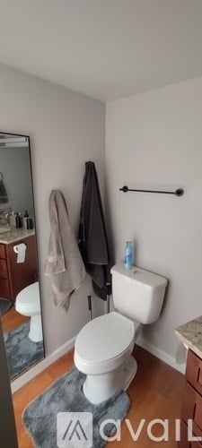 A bathroom with a toilet, a mirror, a towel, and a towel rack.