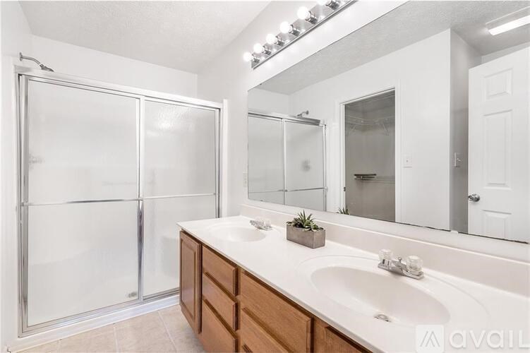 A bathroom with a white sink and a glass door shower.