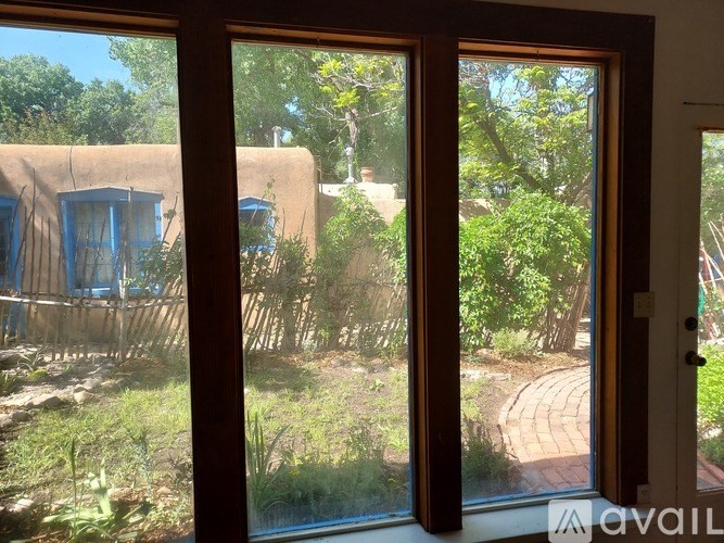 A view from inside a room looking out through a window at a garden and a building.