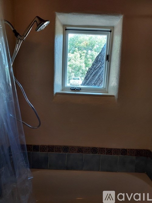 A shower head is mounted on the wall above a bathtub.