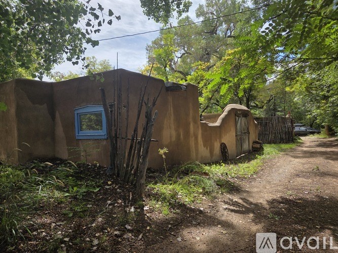 A small building with a blue window is surrounded by greenery.