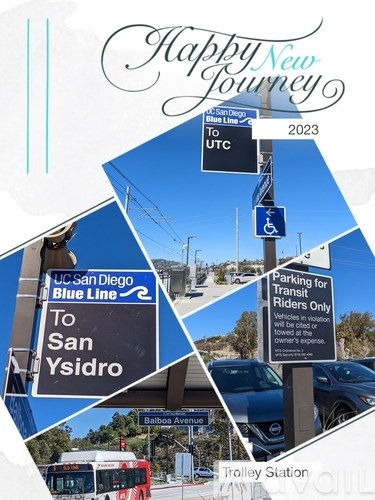 A collage of images related to the San Diego Blue Line with a sign that reads "Happy New Journey 2023".