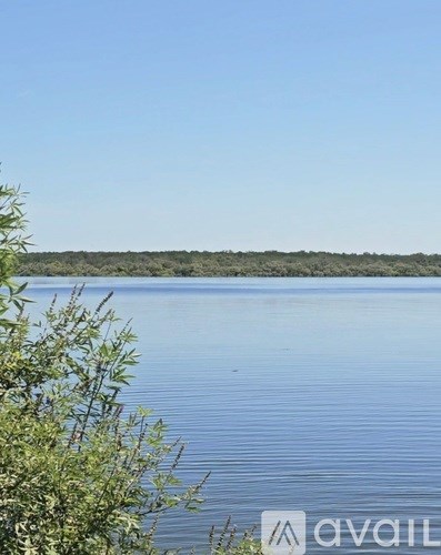 A body of water surrounded by greenery under a clear blue sky.